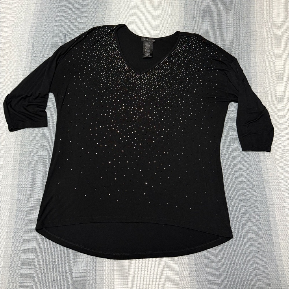 Design History‎ Blouse Women's XXL Black with Silver Rhinestones Bling Holiday